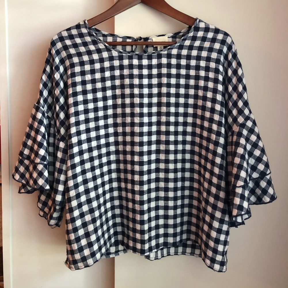 Gingham Top Ruffled Sleeves Caution to the Wind